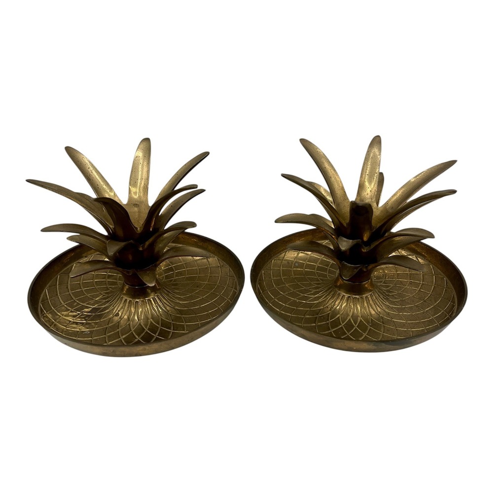Vtg MCM Heavy Solid Brass Pineapple  Candle Holders Set of 2 Made in India 5.25"